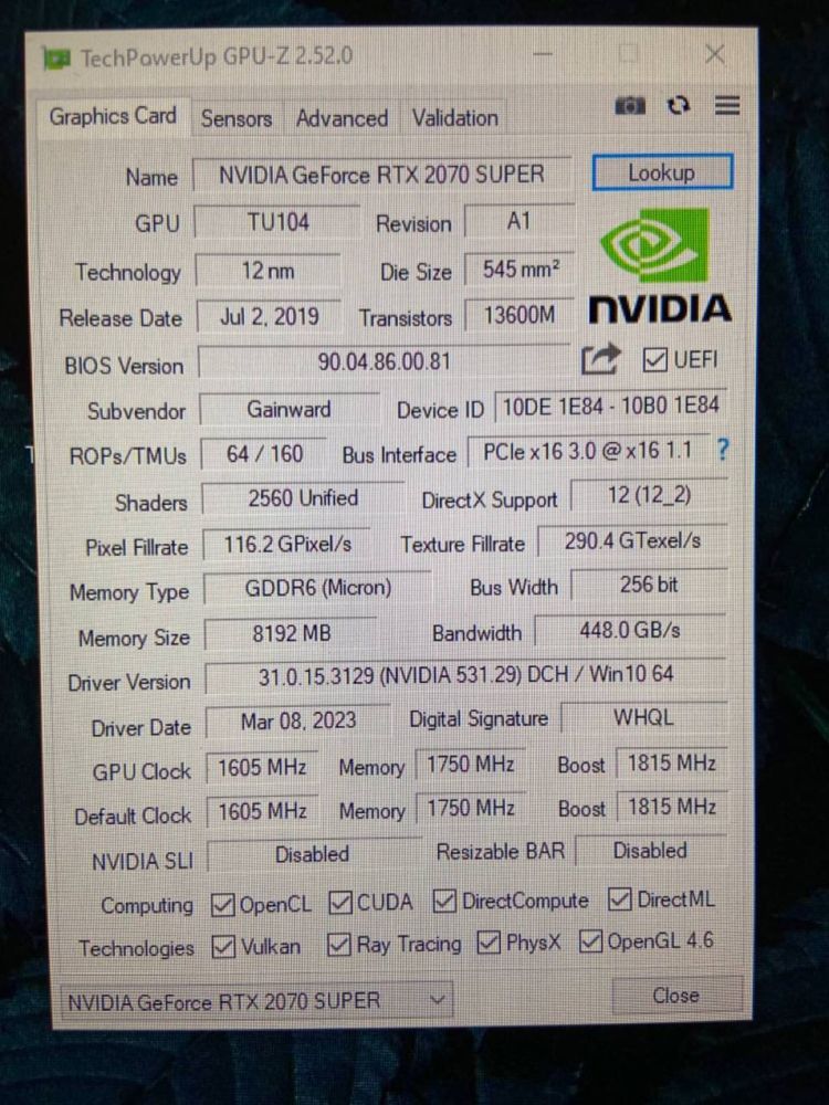 Видеокарта Nvidia Geforce RTX 2070 super gainward