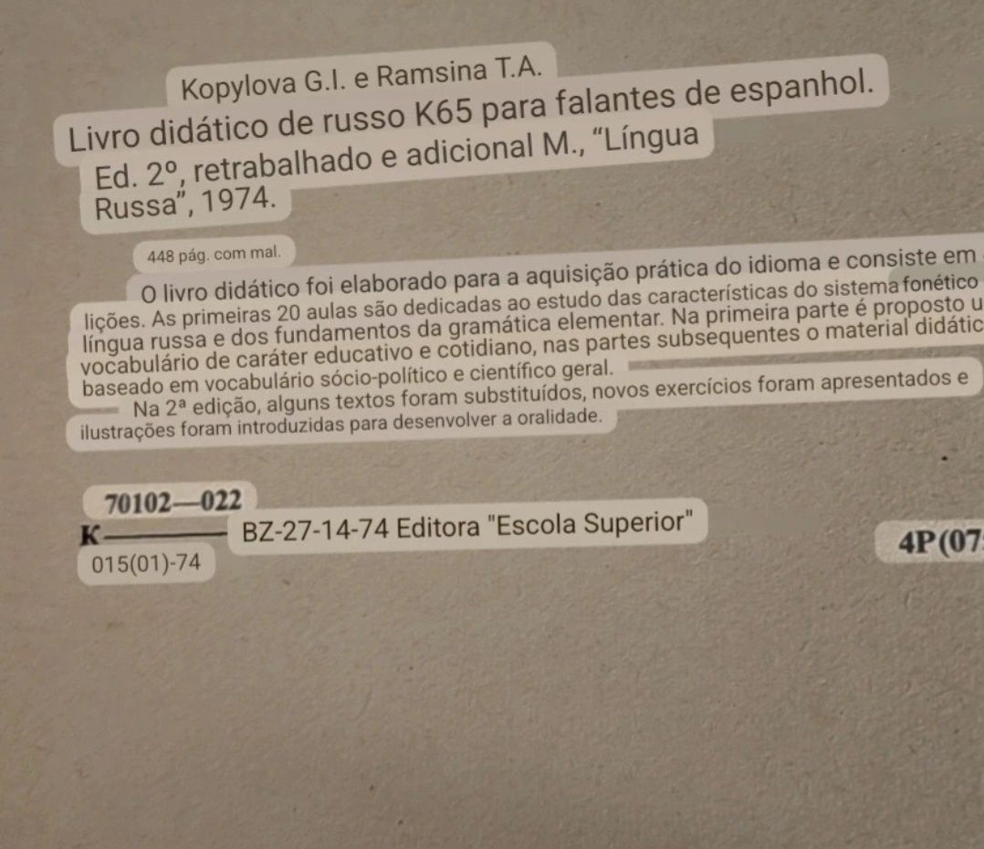 Livro didáctico de russo K65 para espanhol