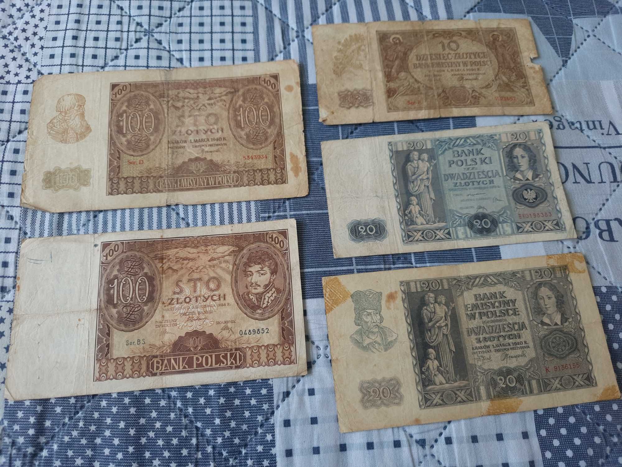 stare polskie banknoty okupacja niemiecka PRL 10,20,100 zł 1934,1940