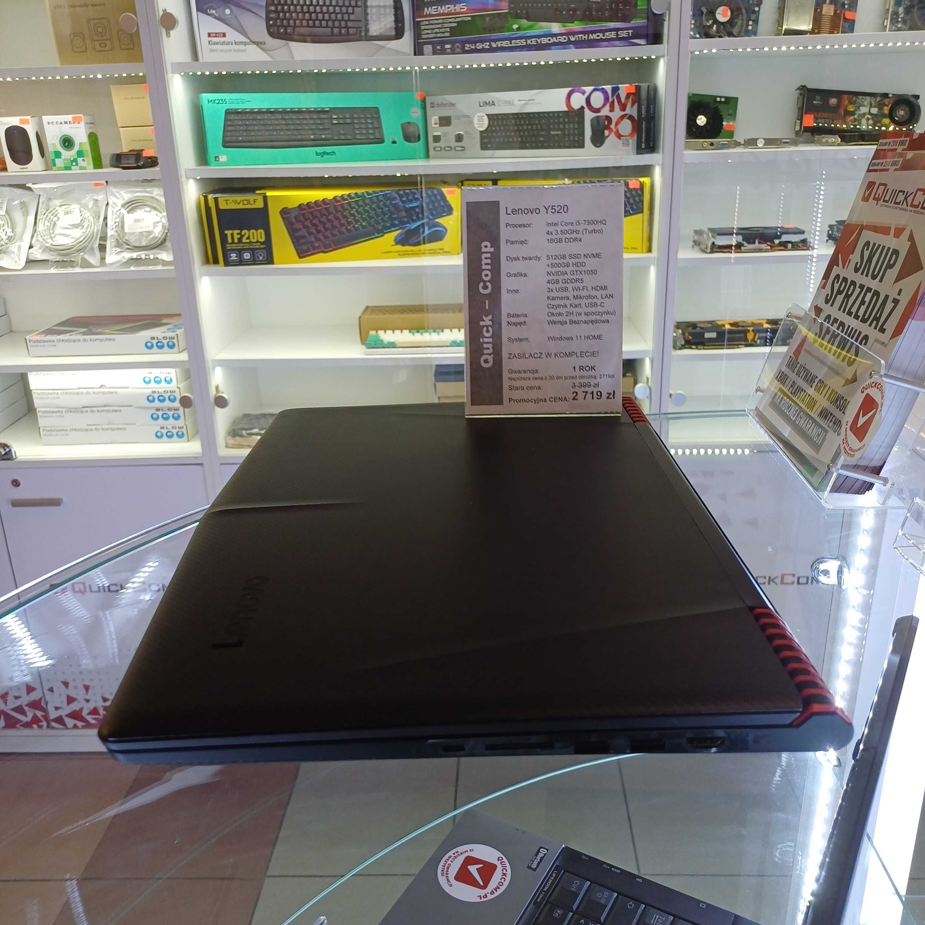Laptop Lenovo Y520 Gamingowy i5-7300HQ 4x3,50GHz / GTX1050 4GB / WIN11