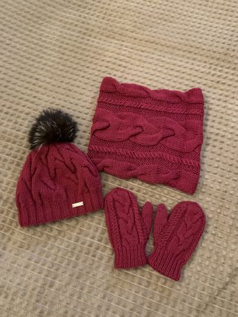Вязаный набор детский шапка зимняя снут шарф варежки