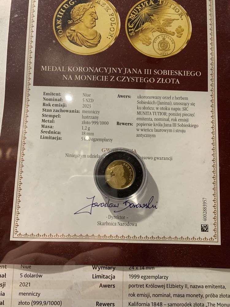 Medal Koronacyjny Jan Sobieski III plus Elzbieta II 3.70g Złoto 999!