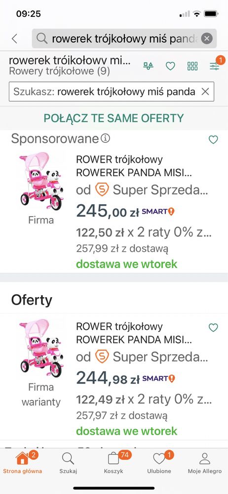 Rower trójkołowy różowy, pchacz panda