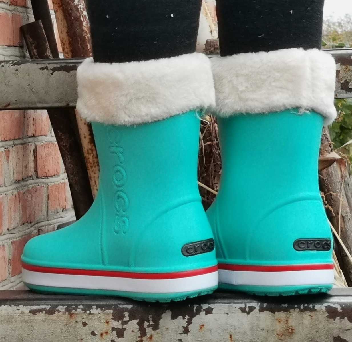 Женские Резиновые Полусапожки CROCS Сапоги Кроксы Теплые Зимние Бирюзо