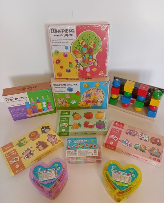 Шнурівка дерев'яна 9 видів, Серце, Транспорт, Фрукти, Тварини, Дино