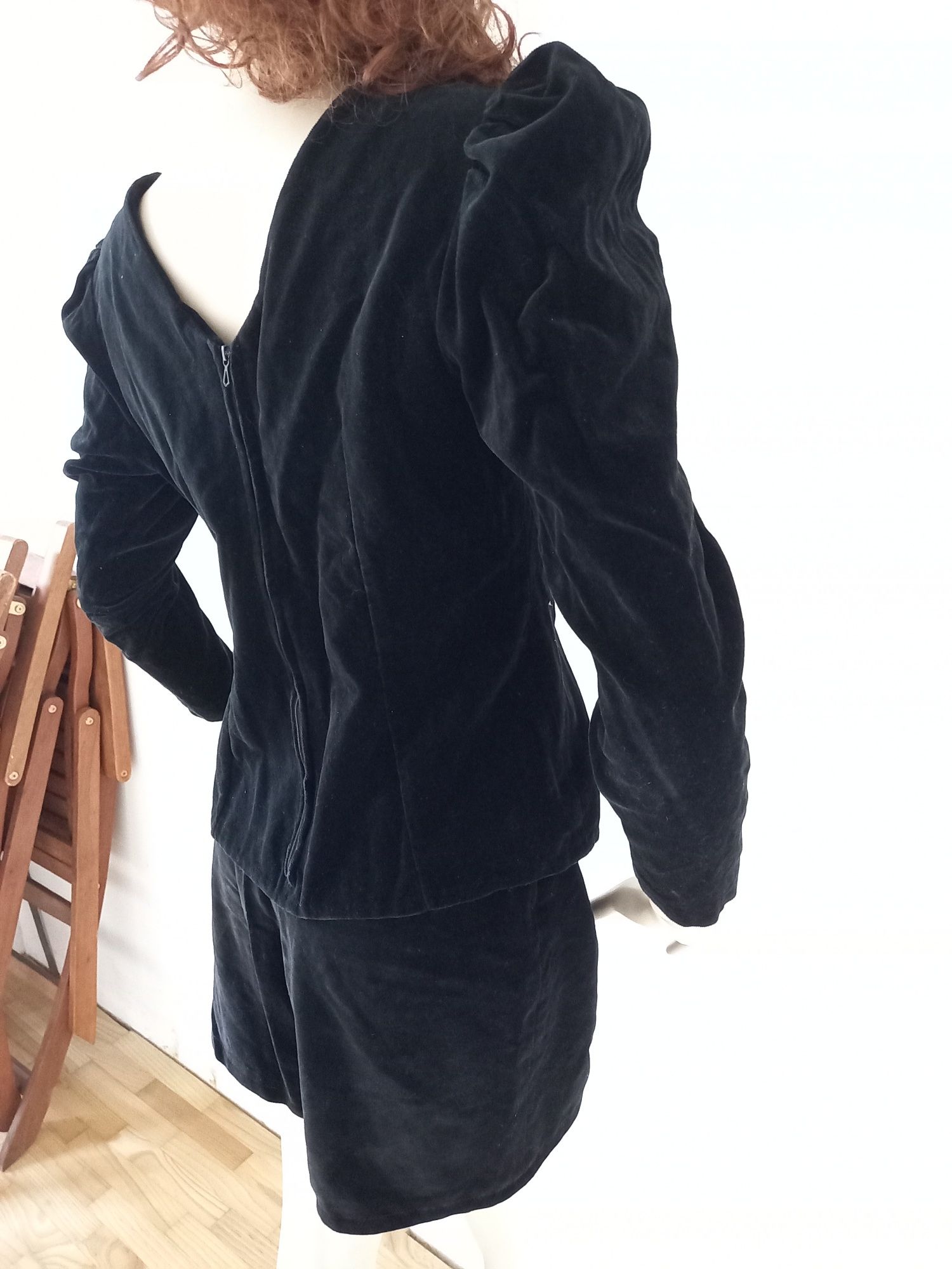 Welur czarny komplet bluzka z bufkami i spodenki, retro, vintage, goth