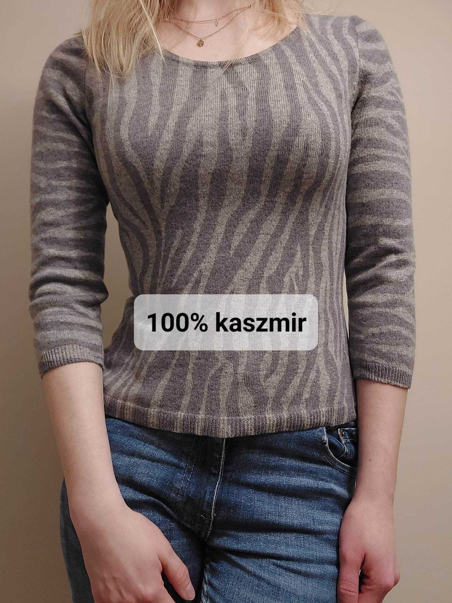 Szary kaszmirowy sweter w paski/zebra Jeager rozm. S