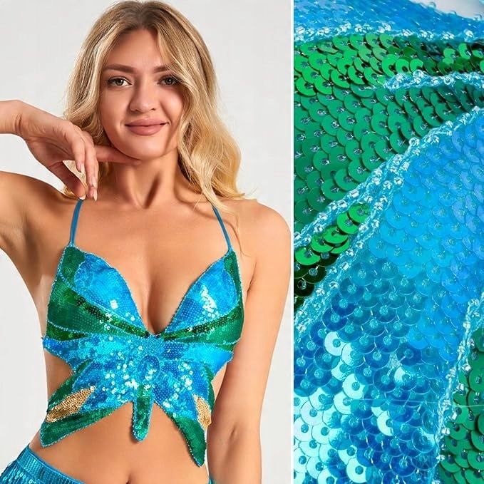 Cekinowy motyl krótki top klub tańca brzucha Rave niebieski zielony