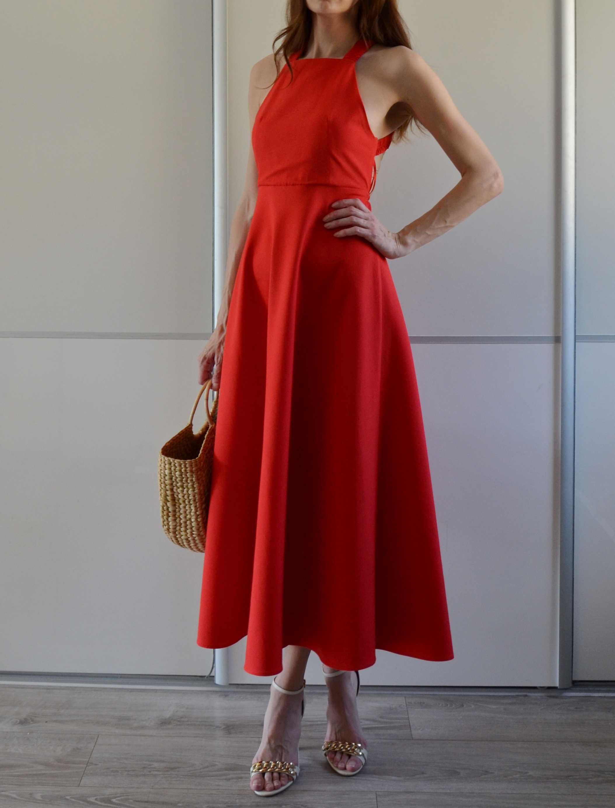 Zara długa czerwona lniana sukienka premium old money halter 34 XS
