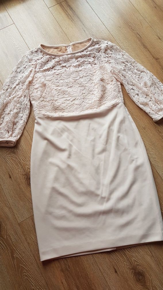klasyczna piękna pudrowa sukienka Ralph Lauren koronkowa pudrowy róż L