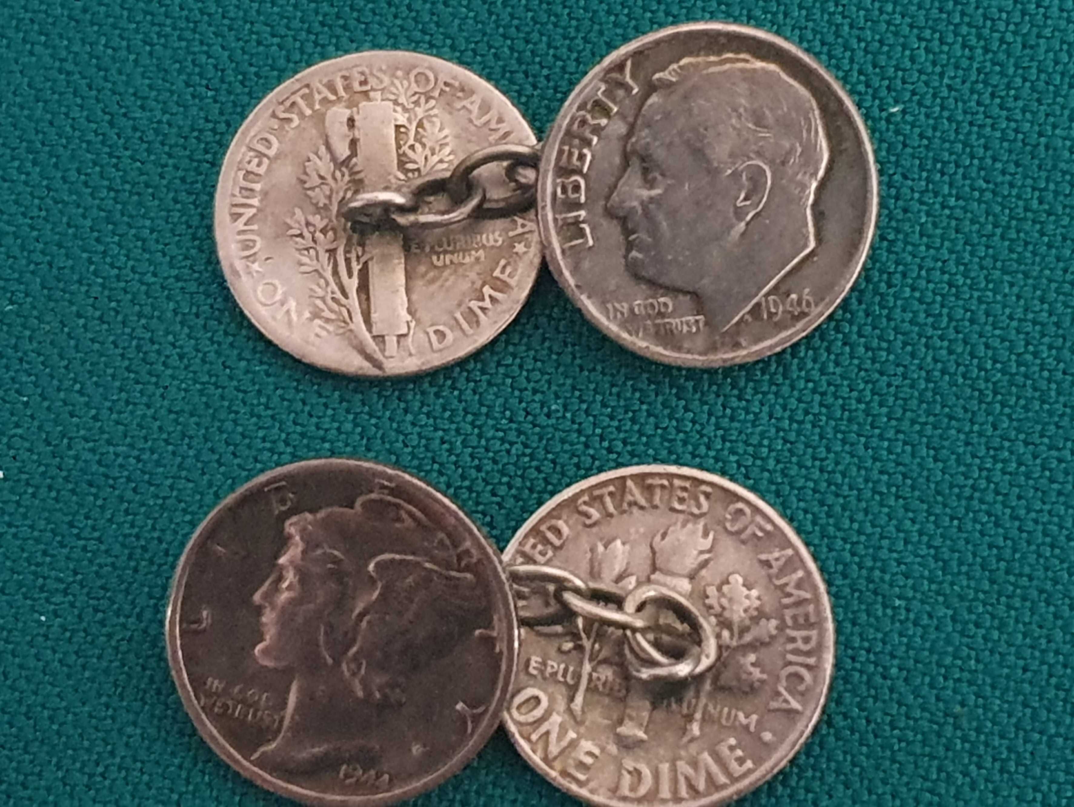 Botões de punho ÚNICOS, de moedas de ONE DIME, prata 0.900 de 1943-USA