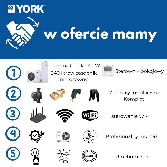 Pompa ciepła YORK 14 KW zasobnik 240 l. nierdzewny z montażem kotłowni