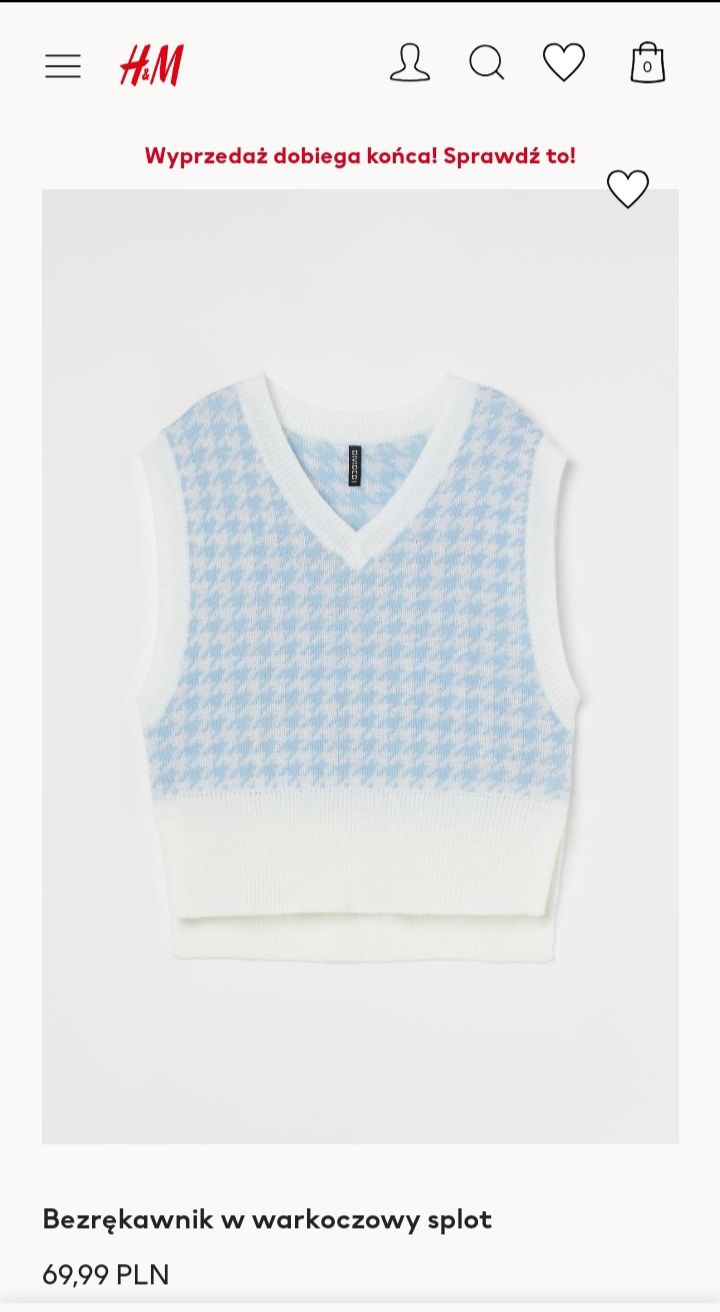 Bezrękawnik sweterek H&M z miękkiej w warkoczowy splot biało-niebieski