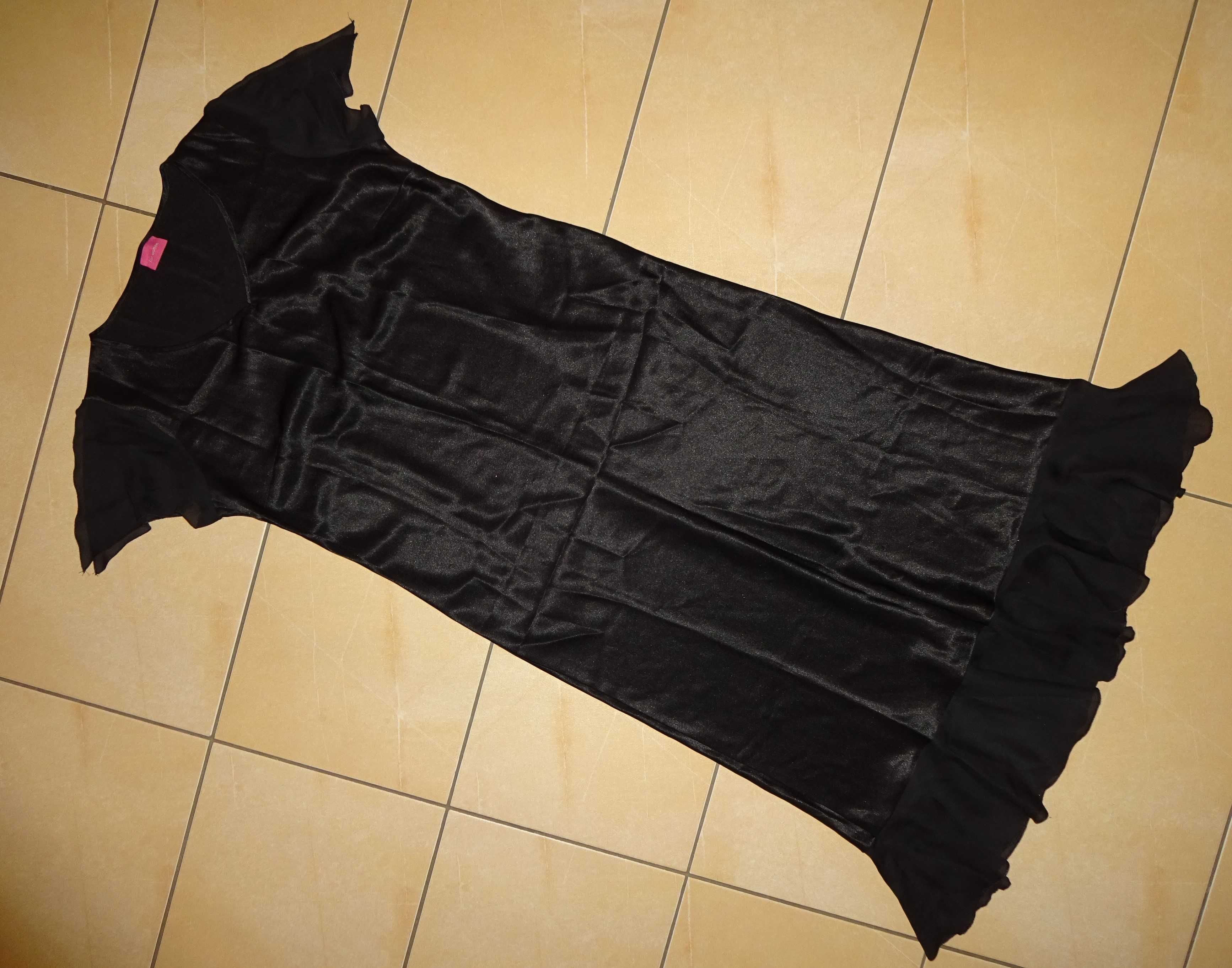 FOR WOMEN długa czarna elegancka satynowa z falbanką sukienka Size 42