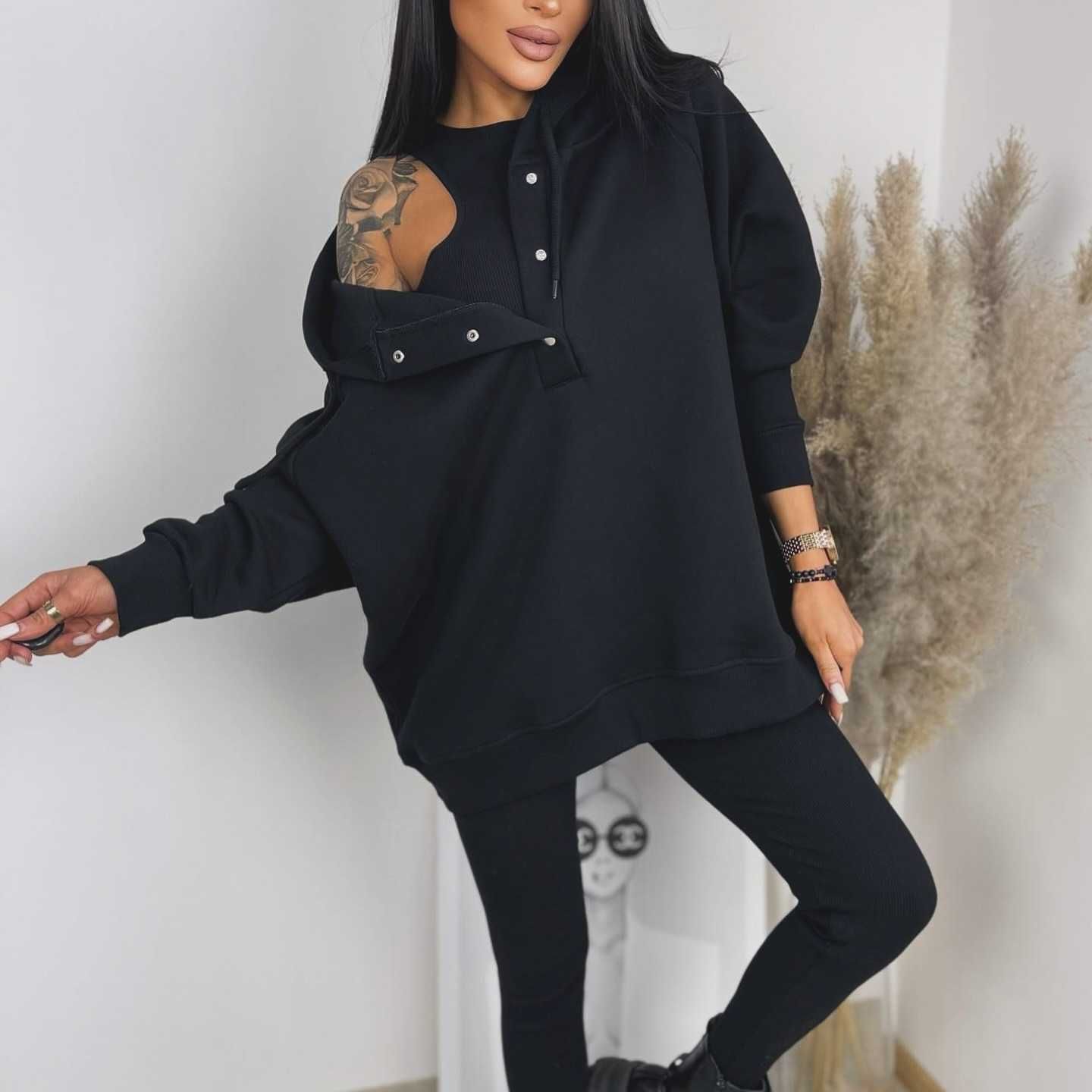 Komplet 3 częściowy dresowy damski czarny legginsy + bluza + top UNI
