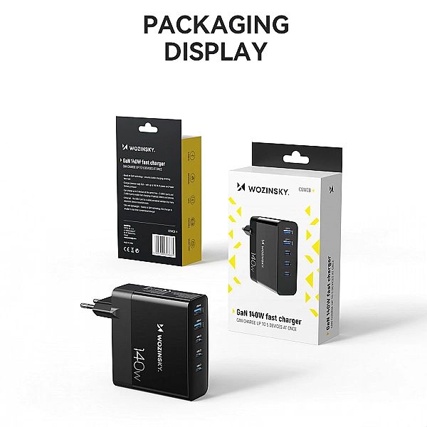 Ładowarka sieciowa GaN Wozinsky CGWCB 140W 3 x USB-C / 2 x USB-A - cza