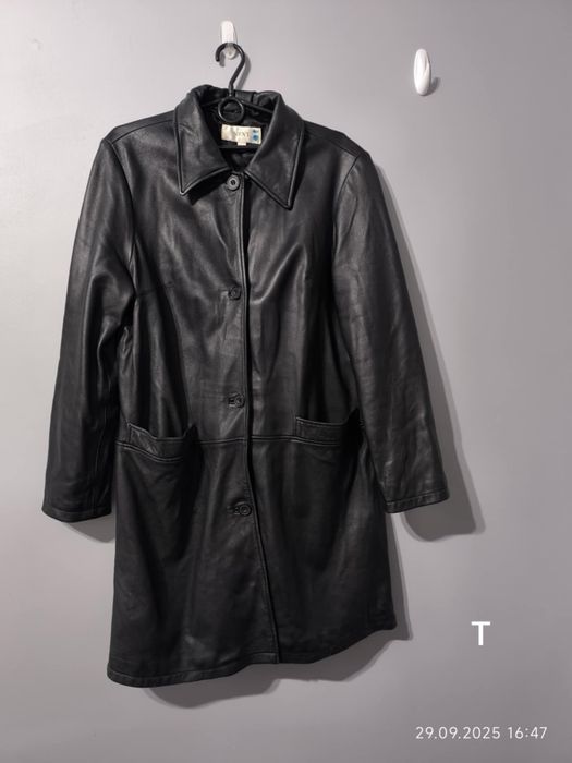 Płaszcz skórzany 14 xl 42 XXL 44 dłuższa kurtka czarna leather vintage