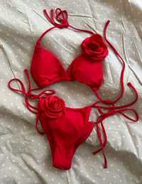 Bikini strój kąpielowy róża kwiat 3d aplikacja kwiatowa Czerwone