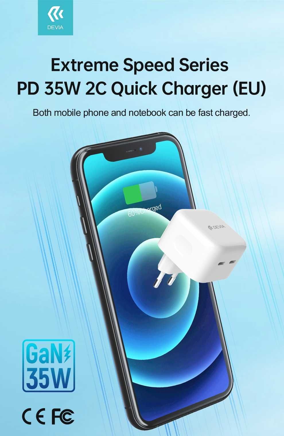 Ładowarka Sieciowa Devia PD 35W 2x USB-C Szybkie Ładowanie