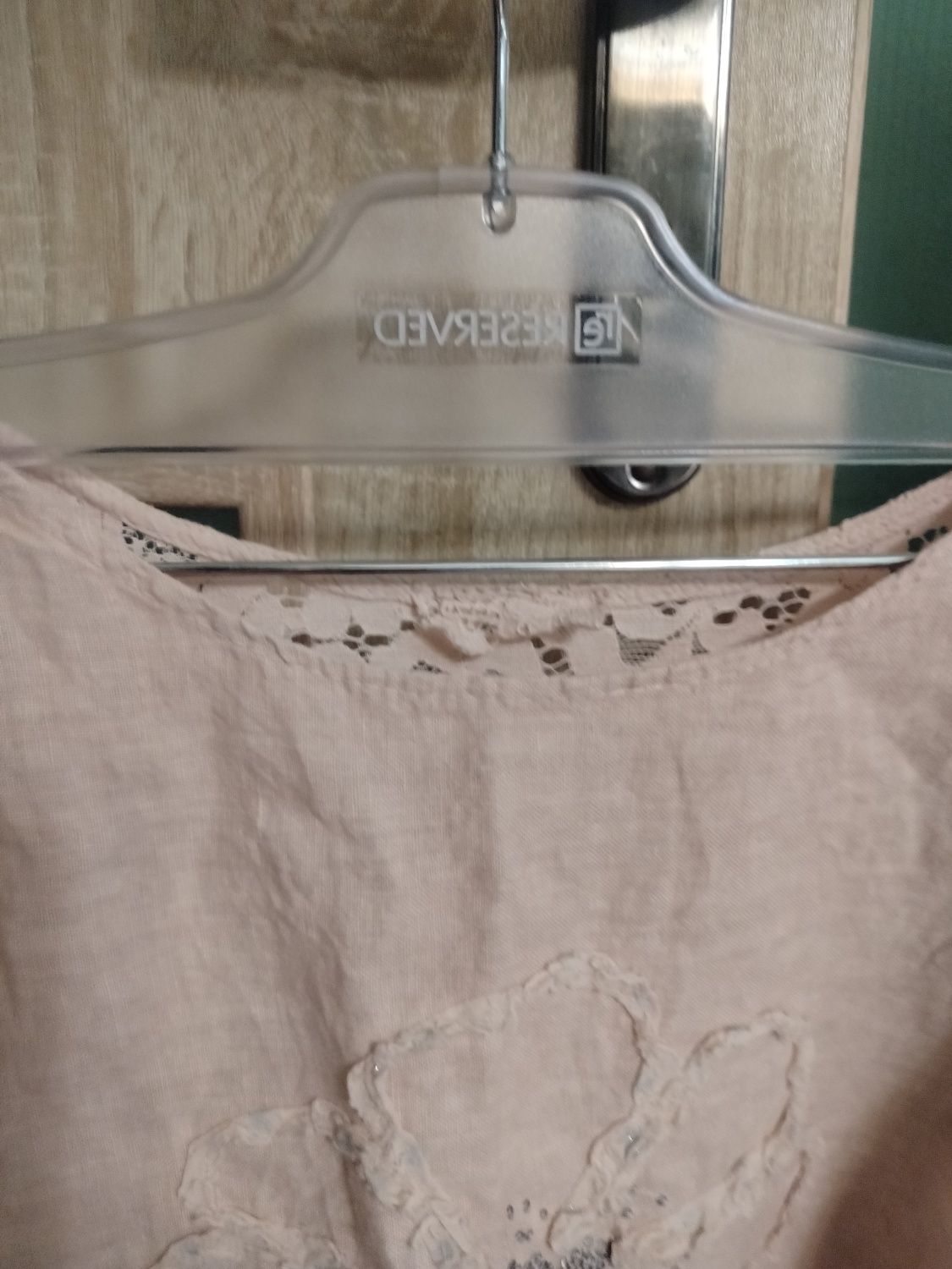 Bluzka damska boho pudrowy róż włoska len koronka kwiat cekiny XL XXL