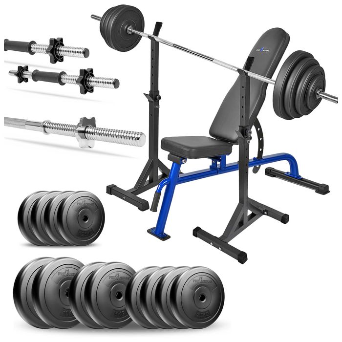 Zestaw do ćwiczeń 89kg z ławką treningową gryf hantle siłownia domowa
