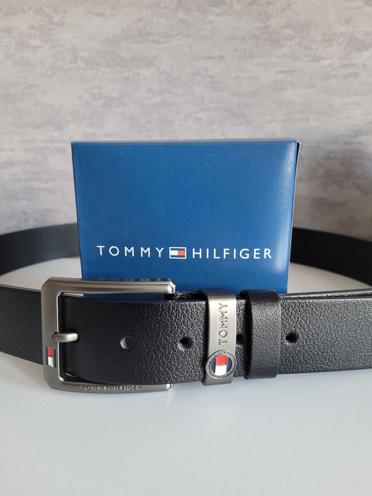 Męski czarny skórzany pasek Tommy Hilfiger 135 cm z pudełkem