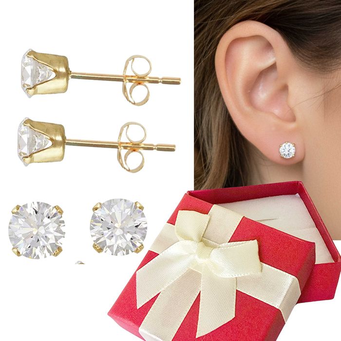 Złote Kolczyki Wkrętki Sztyfty Białe Kryształy 6mm Cyrkonie Złocone585