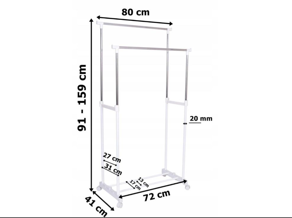 Wieszak podwójny stojący na kółkach na garderobę, odzież