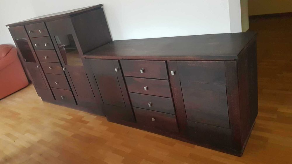 Solidne meble drewniane do salonu zestaw 2 x komoda stół krzesła ława