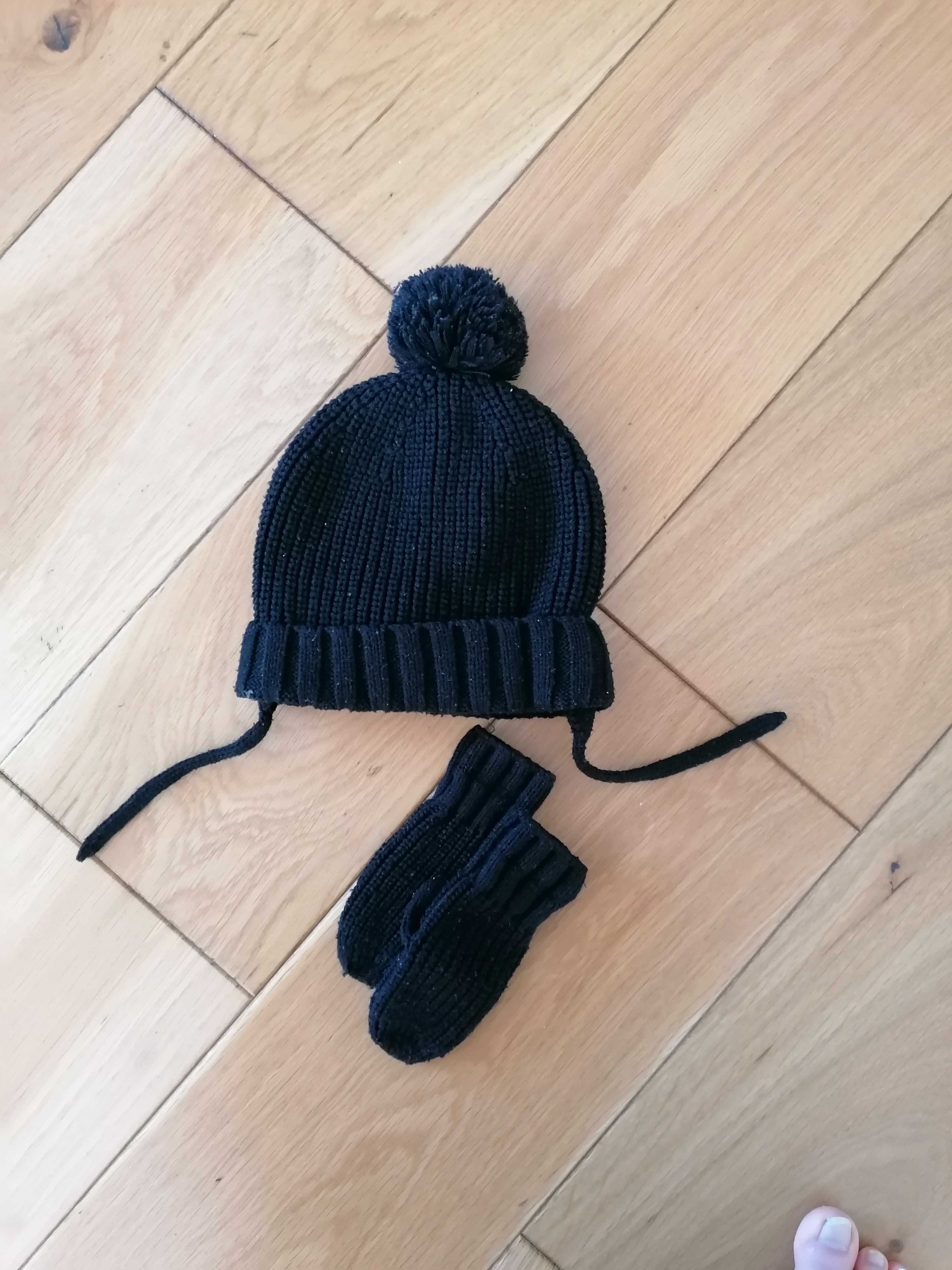 ZARA czarna czapka z pomponem + rękawiczki 50 cm 18-36m.