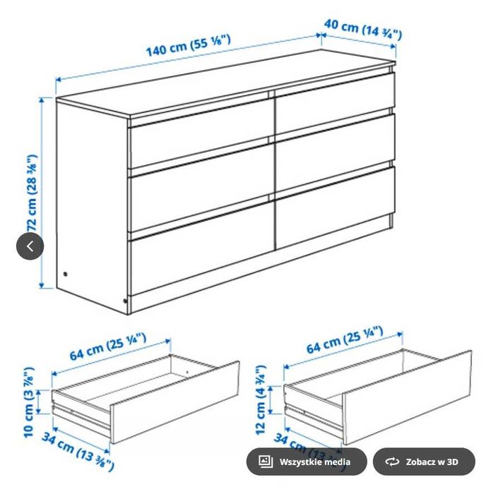 Komoda, 6 szuflad, biały, 140x72 cm