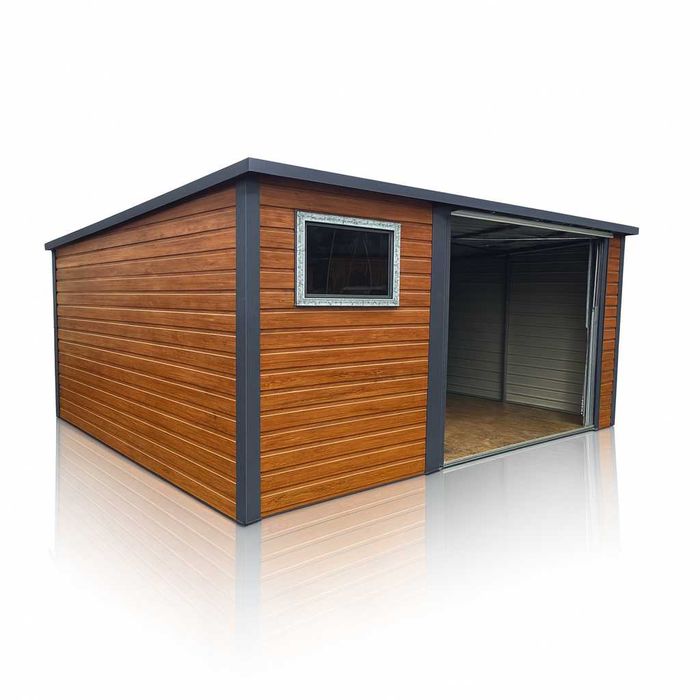 Garaż Blaszany spad na tył 4×4 drewnopodobny PREMIUM, brama uchylna