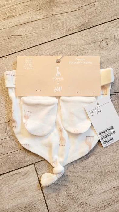 H&M czapka plus niedrapki komplet w żyrafy 74cm