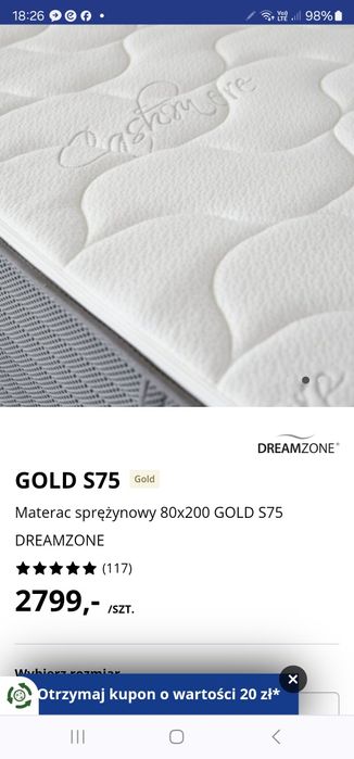 Materac 80x200 sprężynowy Drimzone Gold S75