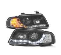 FARÓIS COM LUZ DIURNA LED PARA AUDI A4 B5 99-01 FUNDO PRETO