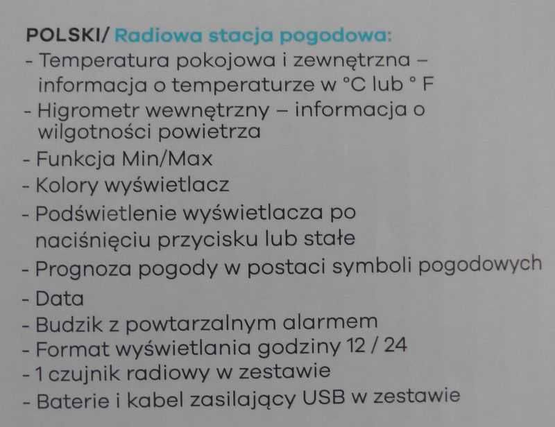 Stacja pogodowa MEBUS kolor z czujnikiem zewnętrznym podświetlana