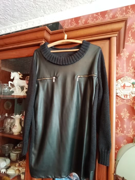 Туника-джемпер кожа+трикотаж(hand made)большой. размер