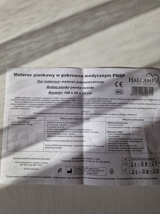 Materac Halcamp piankowy w pokrowcu medycznym