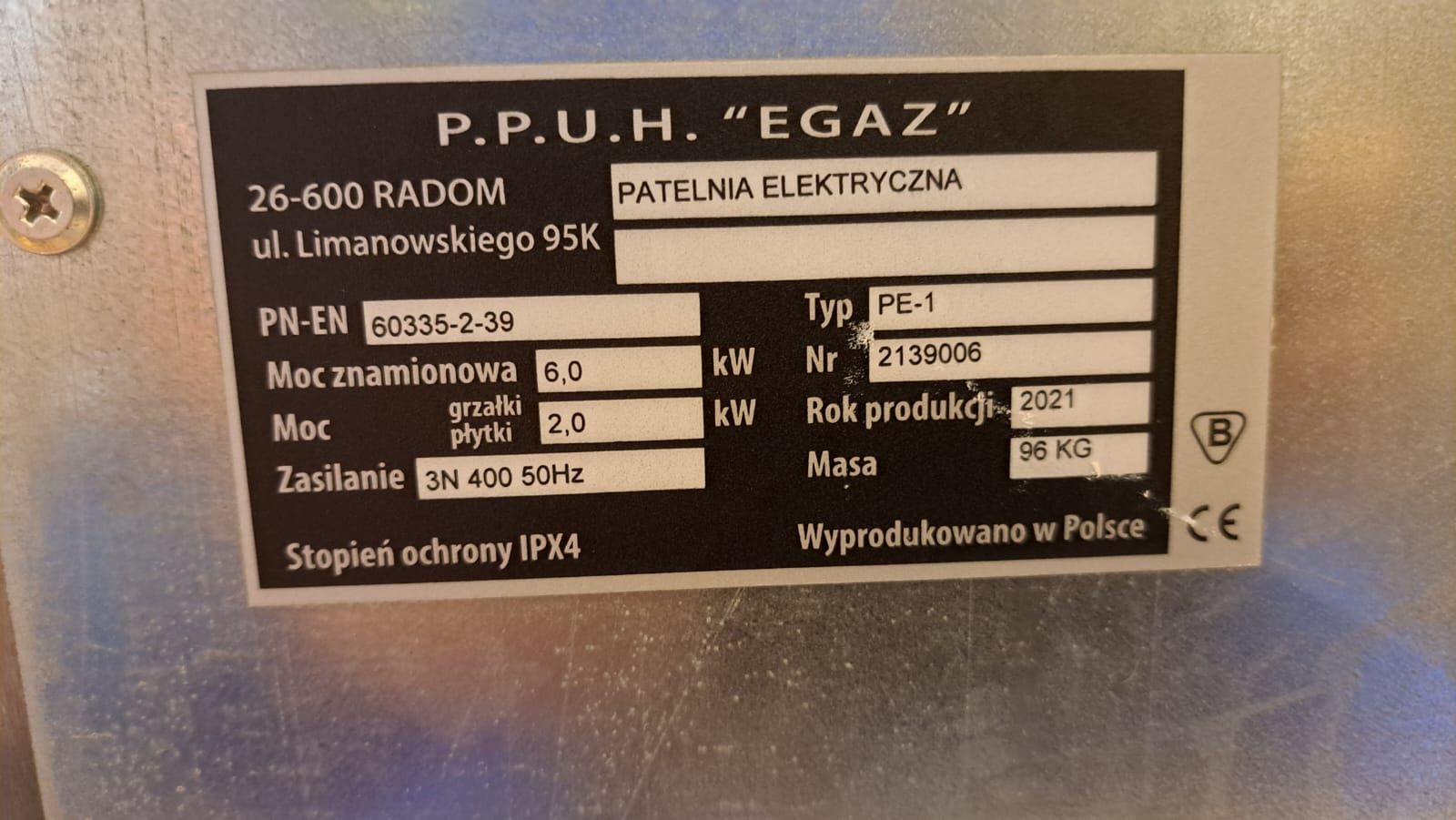 Patelnia elektryczna  marki  Egaz 6 kW.