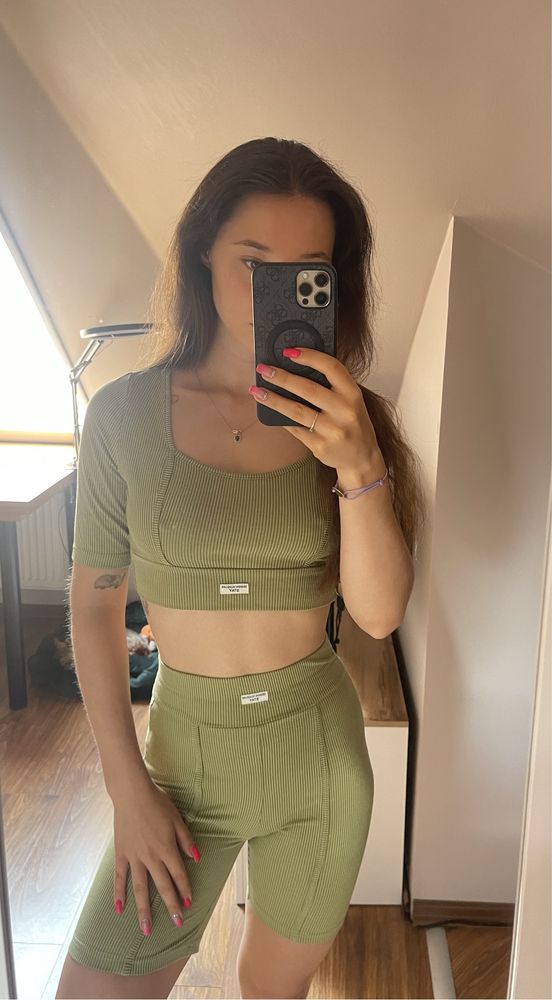 Komplet dwuczęściowy zieleń khaki wiosna lato top kolarki