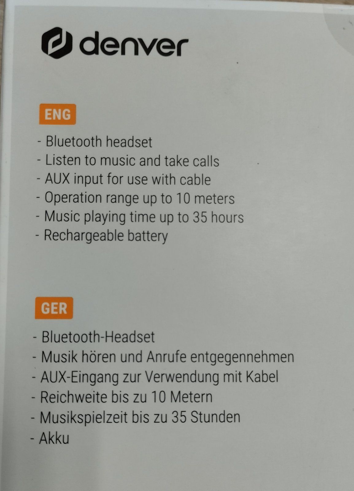 Bluetooth беспроводные немецкие наушники с микрофоном Denver BTH-240K