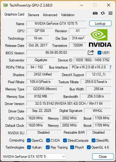 GTX 1070 Ti 8GB Gigabyte Gaming