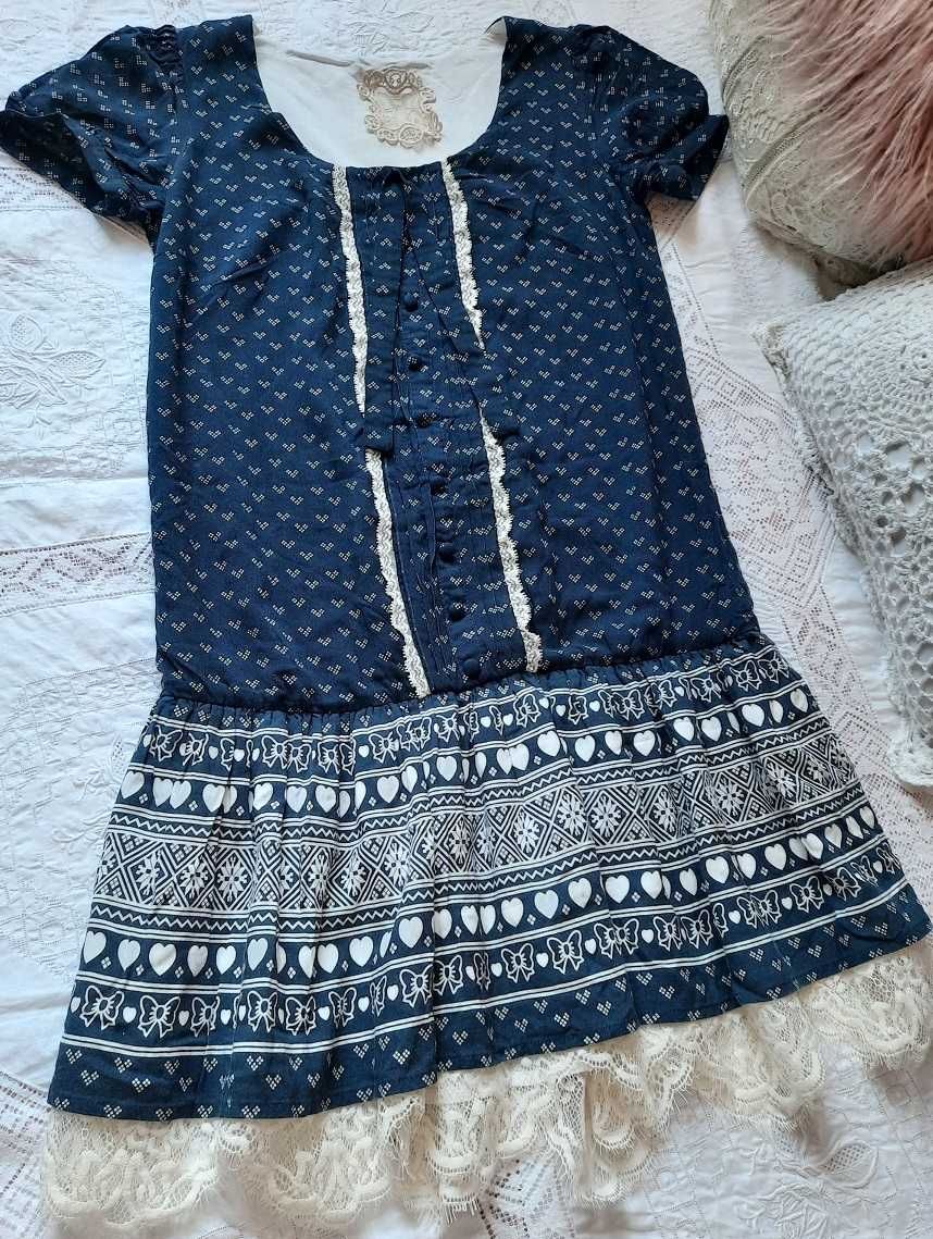 Boho ideał 100% Wiskoza Cudna sukienka koronki print granat biała S XS
