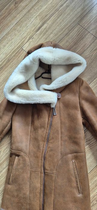 Kożuch damski rozm. S ciepły, duży kaptur Pilotka skóra owcza