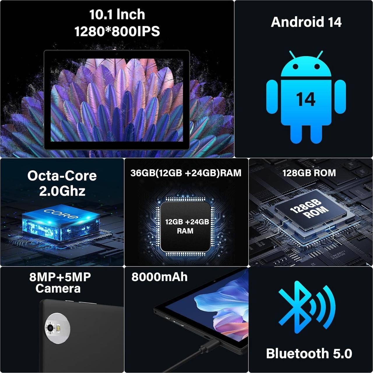 FLYCOAY Android 14 Планшет 10 дюймов 5G WIFI, (36=12+24 ГБ ОЗУ+128ГБ