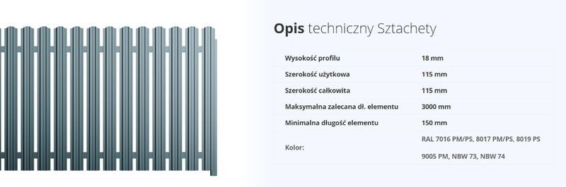 Sztacheta metalowa EMKA szeroka 11cm płot ogrodzenie sztachetki