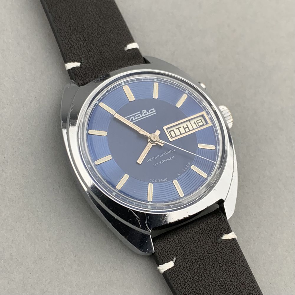 Zegarek vintage Slava – Blue Dial | automat | dzień i data | USSR