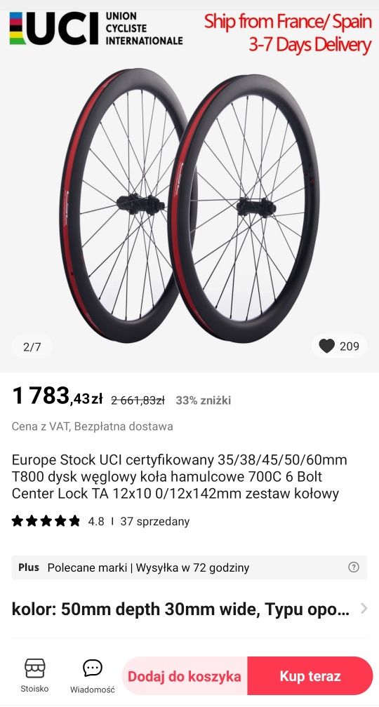 Koła rowerowe, szosa, gravel, karbonowe CSC 50X30, piasty Novatec, tub