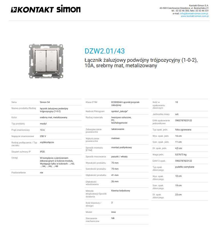 Simon 54 Premium DZW2.01/43 Łącznik żaluzjowy podwójny trójpozycyjny