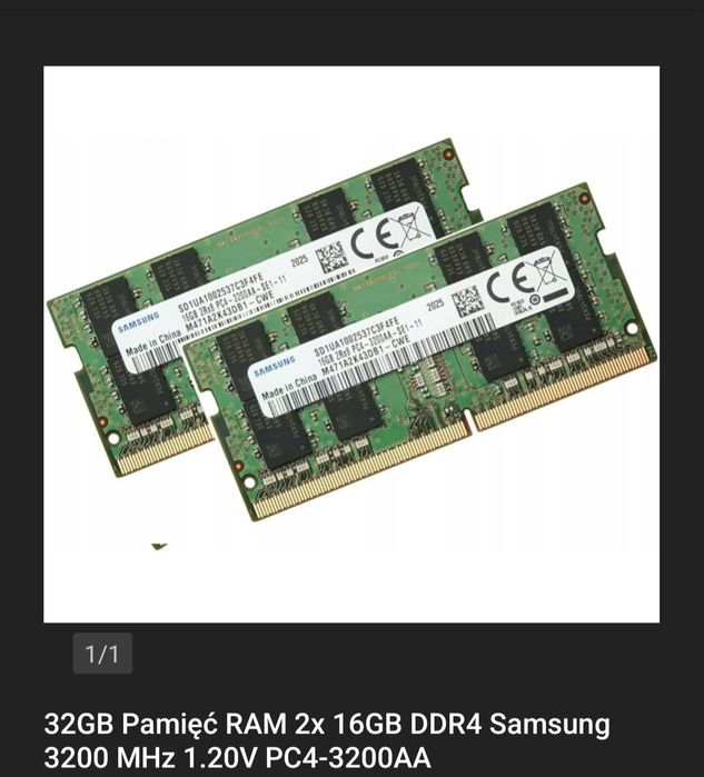 32GB Pamiec RAM 2x 16GB DDR4 Samsung 3200 MHz 1.20V PC4-3200AA